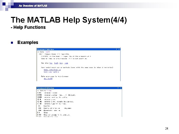 An Overview of MATLAB The MATLAB Help System(4/4) - Help Functions n Examples 24 An Overview of MATLAB The MATLAB Help System(4/4) - Help Functions n Examples 24