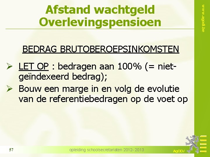 www. agodi. be Afstand wachtgeld Overlevingspensioen BEDRAG BRUTOBEROEPSINKOMSTEN Ø LET OP : bedragen aan