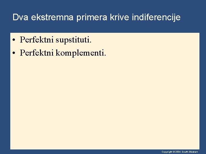 Dva ekstremna primera krive indiferencije • Perfektni supstituti. • Perfektni komplementi. Copyright © 2004