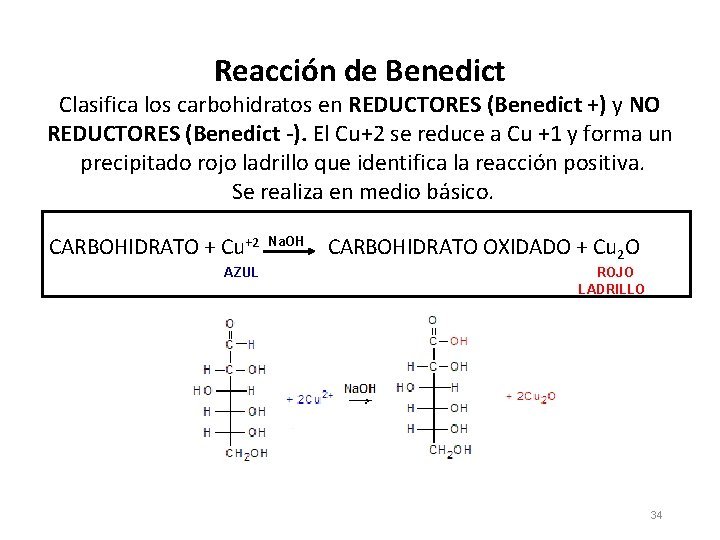 Reacción de Benedict Clasifica los carbohidratos en REDUCTORES (Benedict +) y NO REDUCTORES (Benedict