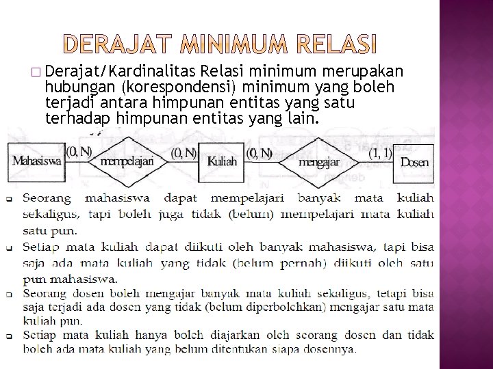 � Derajat/Kardinalitas Relasi minimum merupakan hubungan (korespondensi) minimum yang boleh terjadi antara himpunan entitas