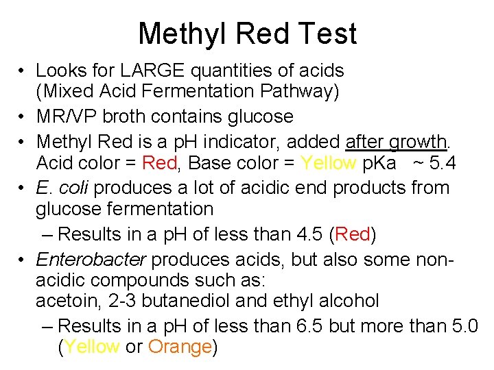 Methyl Red Test • Looks for LARGE quantities of acids (Mixed Acid Fermentation Pathway)