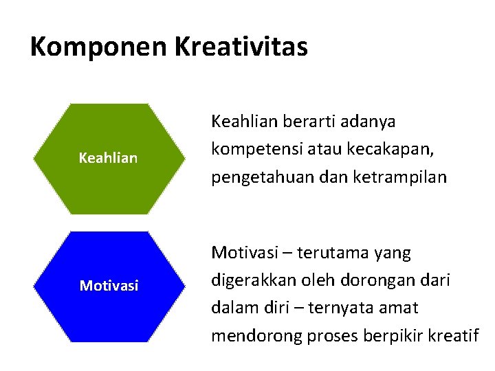 Komponen Kreativitas Keahlian Motivasi Keahlian berarti adanya kompetensi atau kecakapan, pengetahuan dan ketrampilan Motivasi