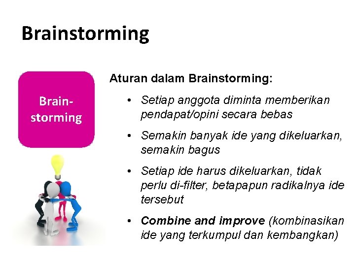 Brainstorming Aturan dalam Brainstorming: Brainstorming • Setiap anggota diminta memberikan pendapat/opini secara bebas •