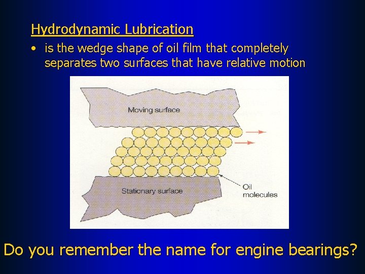 Hydrodynamic Lubrication • is the wedge shape of oil film that completely separates two