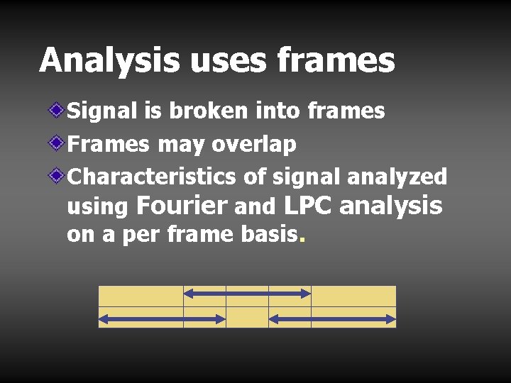 Analysis uses frames Signal is broken into frames Frames may overlap Characteristics of signal