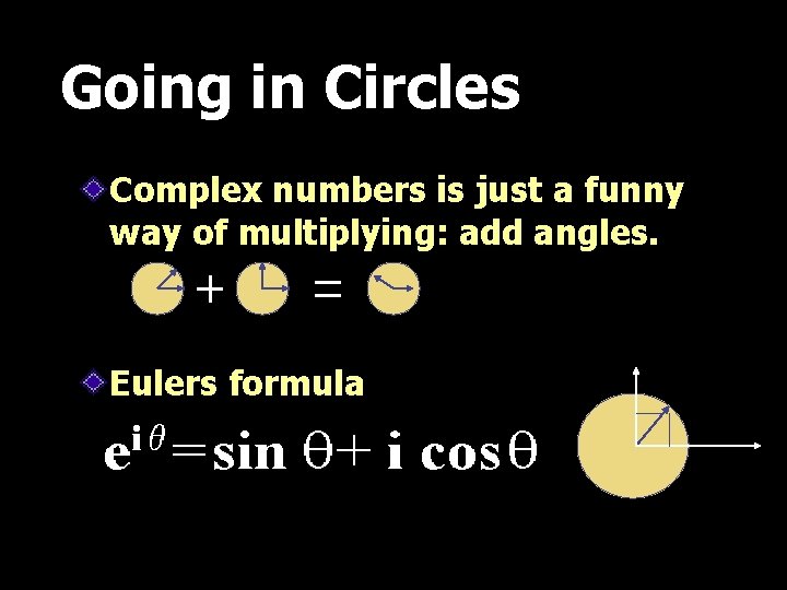 Going in Circles Complex numbers is just a funny way of multiplying: add angles.