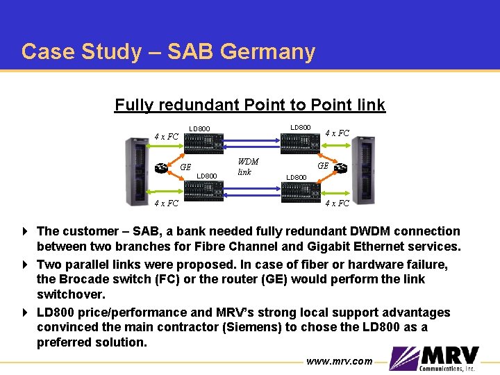 Case Study – SAB Germany Fully redundant Point to Point link 4 x FC