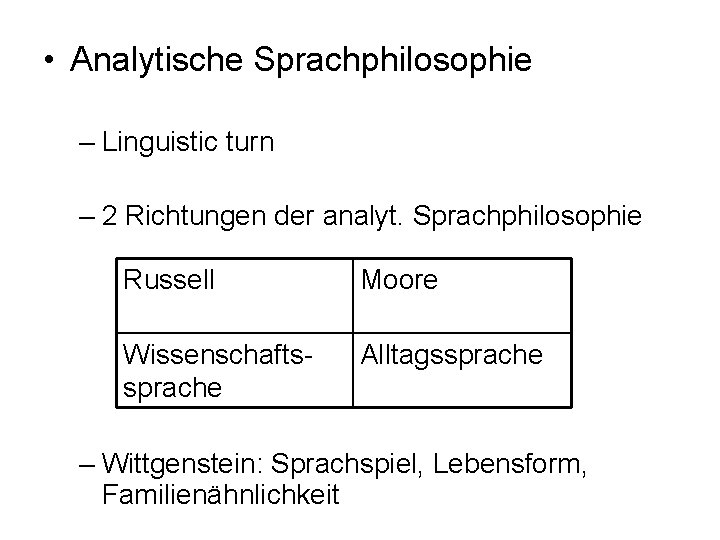  • Analytische Sprachphilosophie – Linguistic turn – 2 Richtungen der analyt. Sprachphilosophie Russell