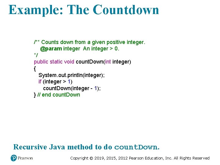 Example: The Countdown /** Counts down from a given positive integer. @param integer An