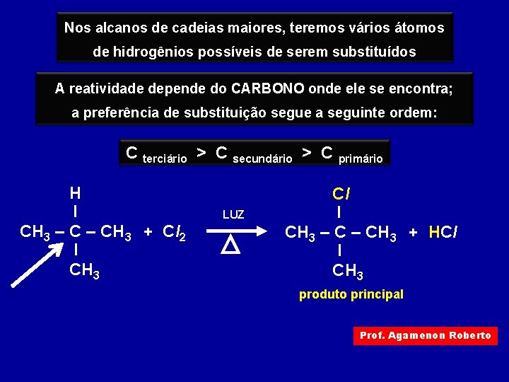 Nos alcanos de cadeias maiores, teremos vários átomos de hidrogênios possíveis de serem substituídos