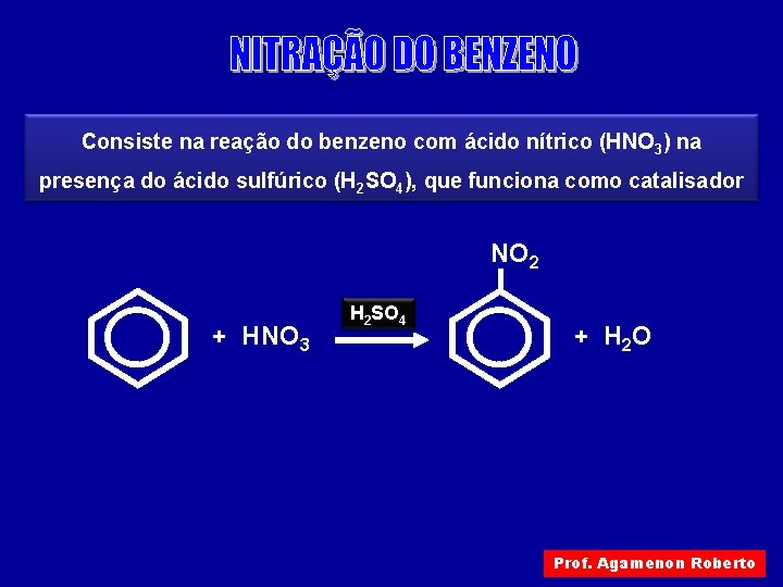 Consiste na reação do benzeno com ácido nítrico (HNO 3) na presença do ácido