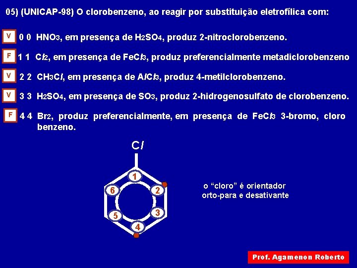 05) (UNICAP-98) O clorobenzeno, ao reagir por substituição eletrofílica com: V 0 0 HNO 05) (UNICAP-98) O clorobenzeno, ao reagir por substituição eletrofílica com: V 0 0 HNO
