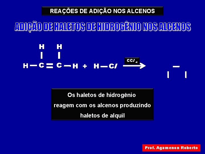 REAÇÕES DE ADIÇÃO NOS ALCENOS H H C H + H Cl CCl 4 REAÇÕES DE ADIÇÃO NOS ALCENOS H H C H + H Cl CCl 4