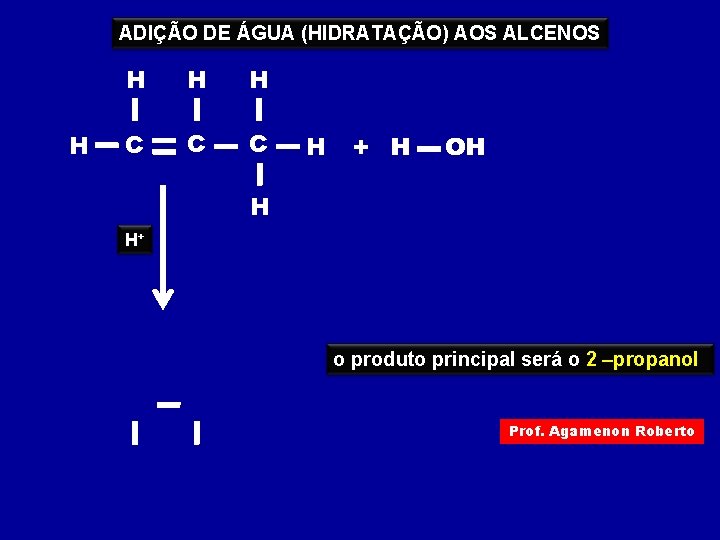 ADIÇÃO DE ÁGUA (HIDRATAÇÃO) AOS ALCENOS H H C C C H + H ADIÇÃO DE ÁGUA (HIDRATAÇÃO) AOS ALCENOS H H C C C H + H