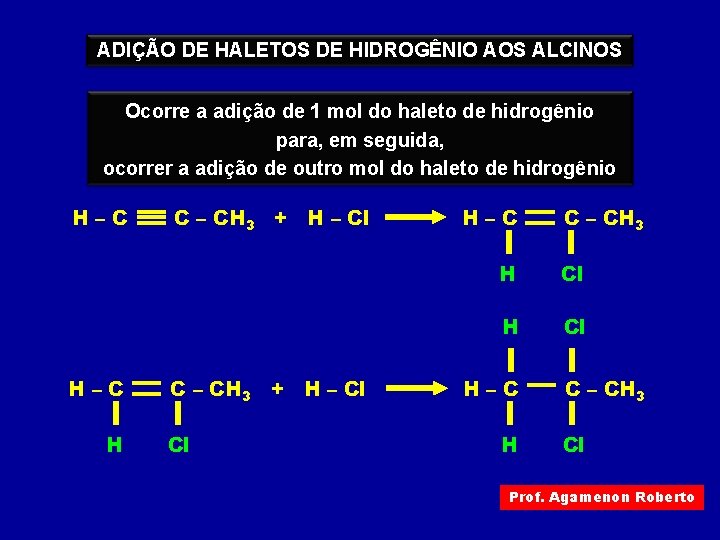 ADIÇÃO DE HALETOS DE HIDROGÊNIO AOS ALCINOS Ocorre a adição de 1 mol do