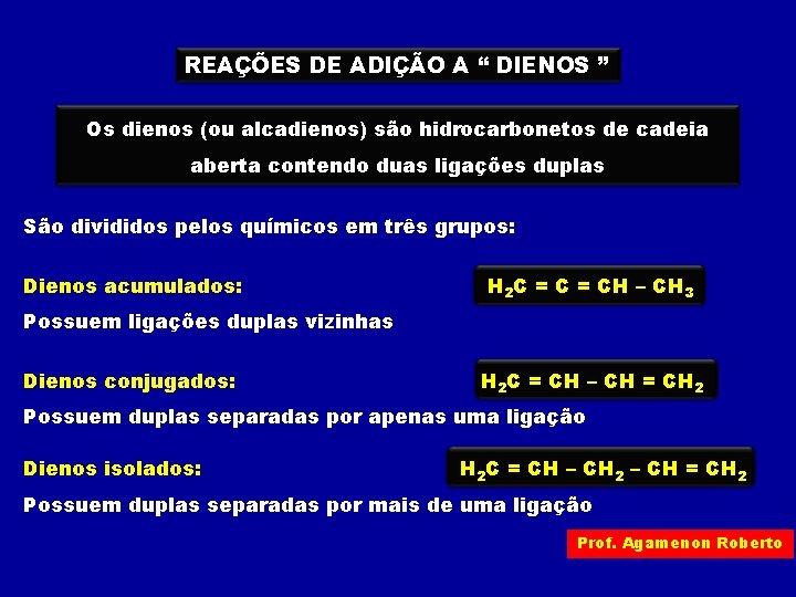 REAÇÕES DE ADIÇÃO A “ DIENOS ” Os dienos (ou alcadienos) são hidrocarbonetos de