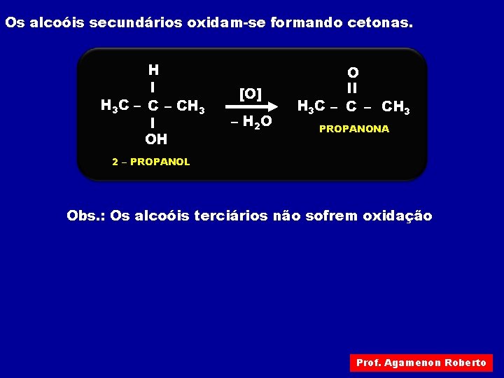 Os alcoóis secundários oxidam-se formando cetonas. H I H 3 C – CH 3