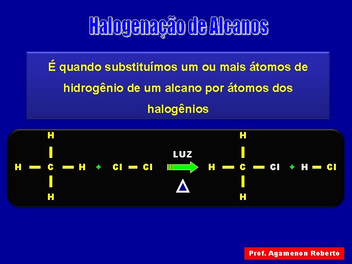É quando substituímos um ou mais átomos de hidrogênio de um alcano por átomos É quando substituímos um ou mais átomos de hidrogênio de um alcano por átomos