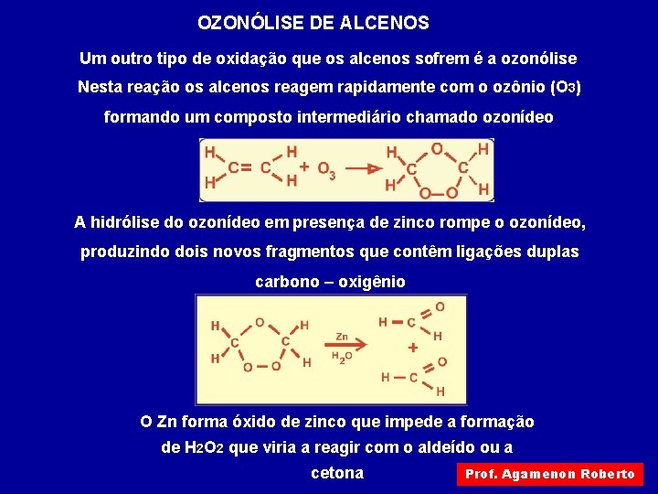 OZONÓLISE DE ALCENOS Um outro tipo de oxidação que os alcenos sofrem é a OZONÓLISE DE ALCENOS Um outro tipo de oxidação que os alcenos sofrem é a