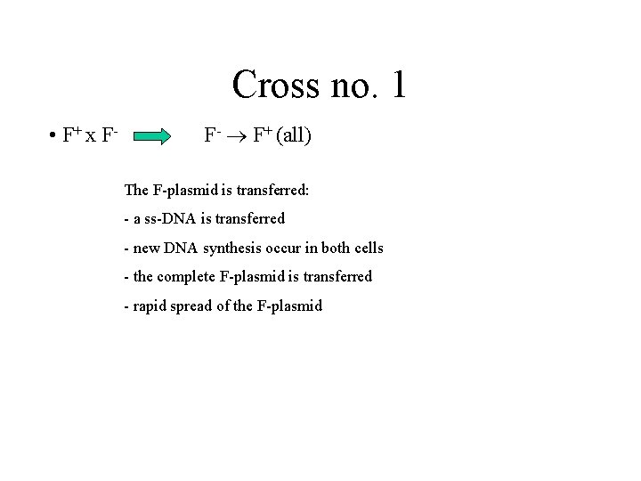 Cross no. 1 • F+ x F- F- F+ (all) The F-plasmid is transferred: