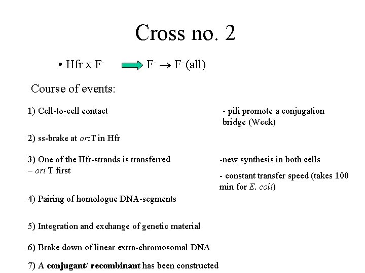 Cross no. 2 • Hfr x F- F- (all) Course of events: 1) Cell-to-cell