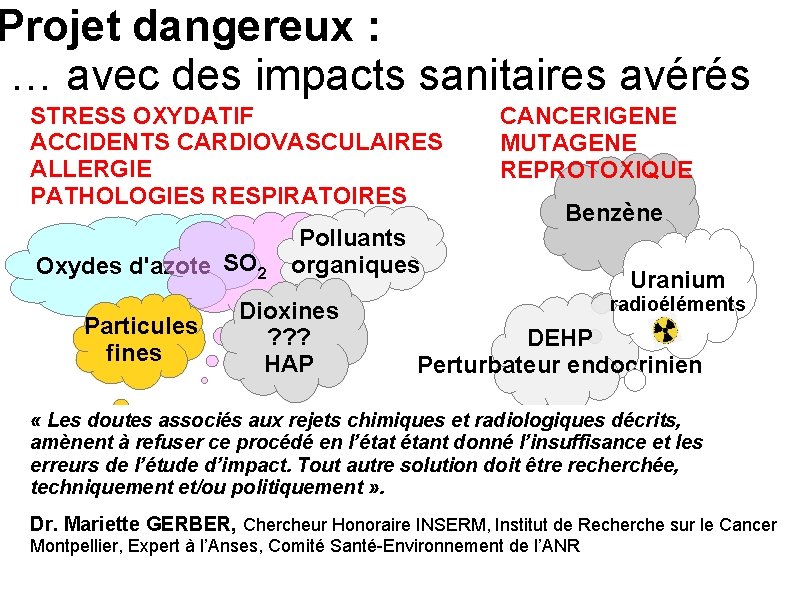 Projet dangereux : … avec des impacts sanitaires avérés STRESS OXYDATIF ACCIDENTS CARDIOVASCULAIRES ALLERGIE