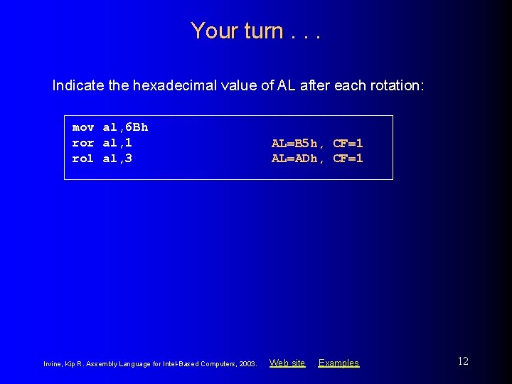 Your turn. . . Indicate the hexadecimal value of AL after each rotation: mov