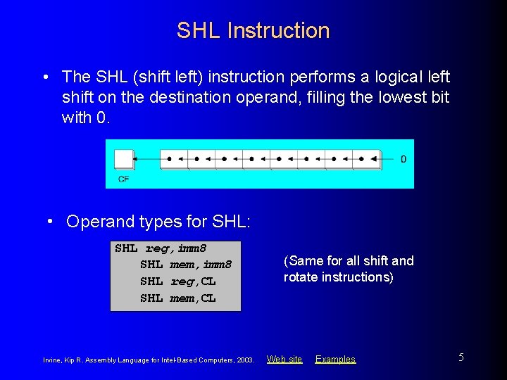 SHL Instruction • The SHL (shift left) instruction performs a logical left shift on