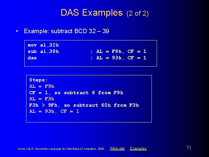 DAS Examples (2 of 2) • Example: subtract BCD 32 – 39 mov al,