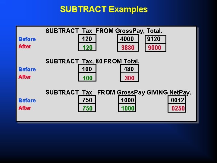 SUBTRACT Examples Before After SUBTRACT Tax FROM Gross. Pay, Total. 120 4000 9120 3880