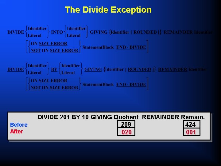 The Divide Exception Before After DIVIDE 201 BY 10 GIVING Quotient REMAINDER Remain. 209