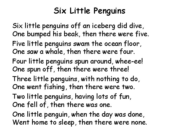 Six Little Penguins Six little penguins off an iceberg did dive, One bumped his