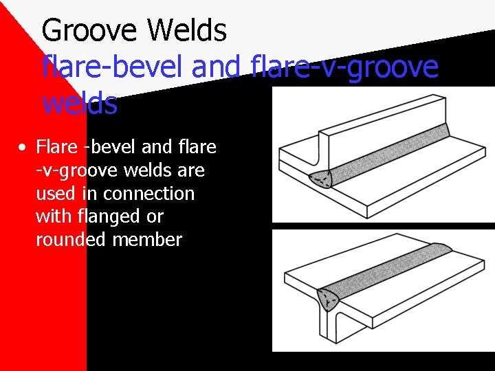Groove Welds flare-bevel and flare-v-groove welds • Flare -bevel and flare -v-groove welds are