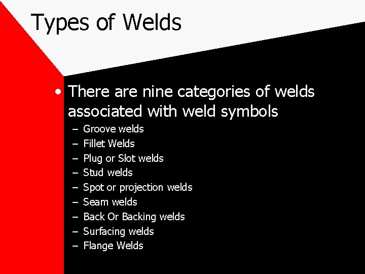 Types of Welds • There are nine categories of welds associated with weld symbols