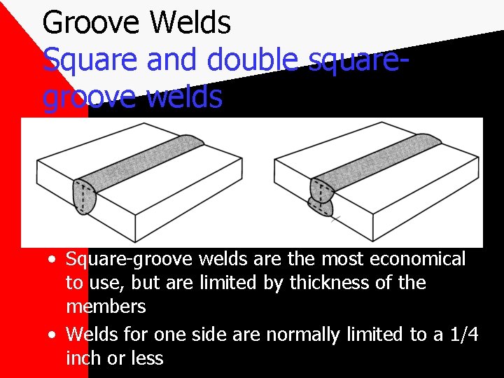 Groove Welds Square and double squaregroove welds • Square-groove welds are the most economical Groove Welds Square and double squaregroove welds • Square-groove welds are the most economical