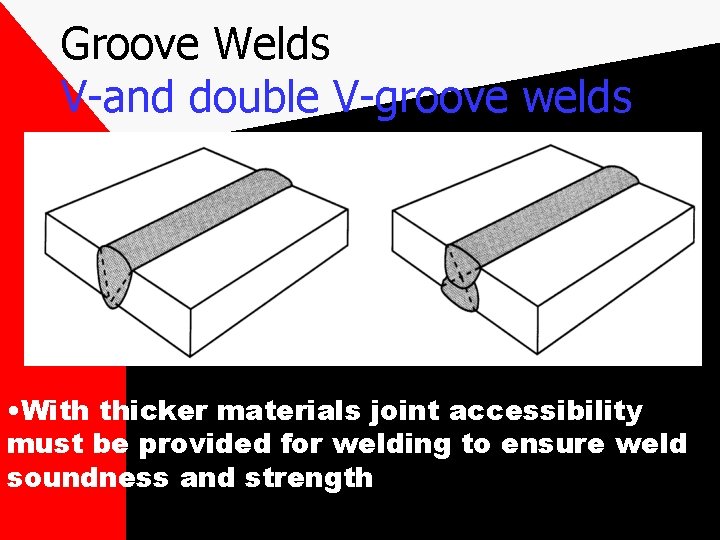 Groove Welds V-and double V-groove welds • With thicker materials joint accessibility must be Groove Welds V-and double V-groove welds • With thicker materials joint accessibility must be