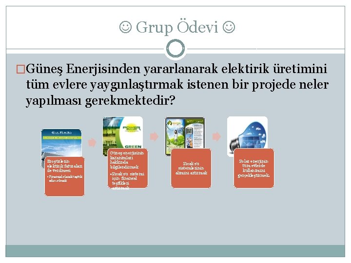  Grup Ödevi �Güneş Enerjisinden yararlanarak elektirik üretimini tüm evlere yaygınlaştırmak istenen bir projede