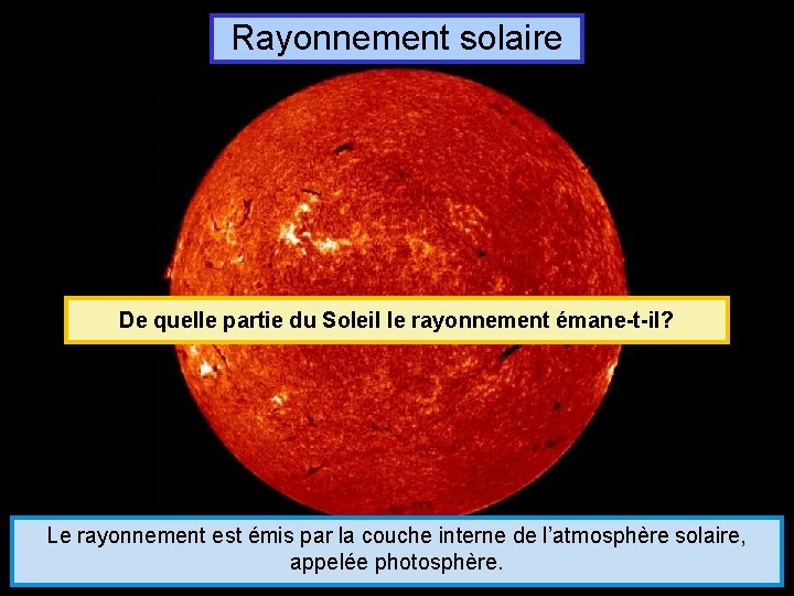 Rayonnement solaire De quelle partie du Soleil le rayonnement émane-t-il? Le rayonnement est émis