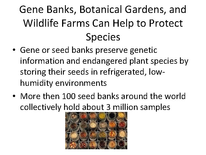 Gene Banks, Botanical Gardens, and Wildlife Farms Can Help to Protect Species • Gene