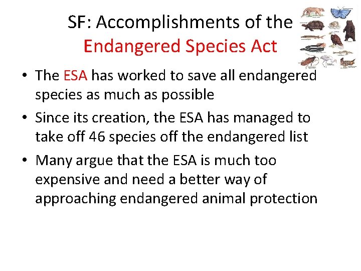 SF: Accomplishments of the Endangered Species Act • The ESA has worked to save