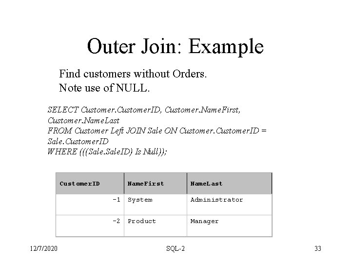 Outer Join: Example Find customers without Orders. Note use of NULL. SELECT Customer. ID, Outer Join: Example Find customers without Orders. Note use of NULL. SELECT Customer. ID,