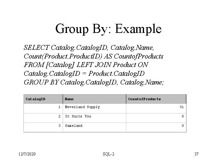 Group By: Example SELECT Catalog. ID, Catalog. Name, Count(Product. ID) AS Countof. Products FROM Group By: Example SELECT Catalog. ID, Catalog. Name, Count(Product. ID) AS Countof. Products FROM