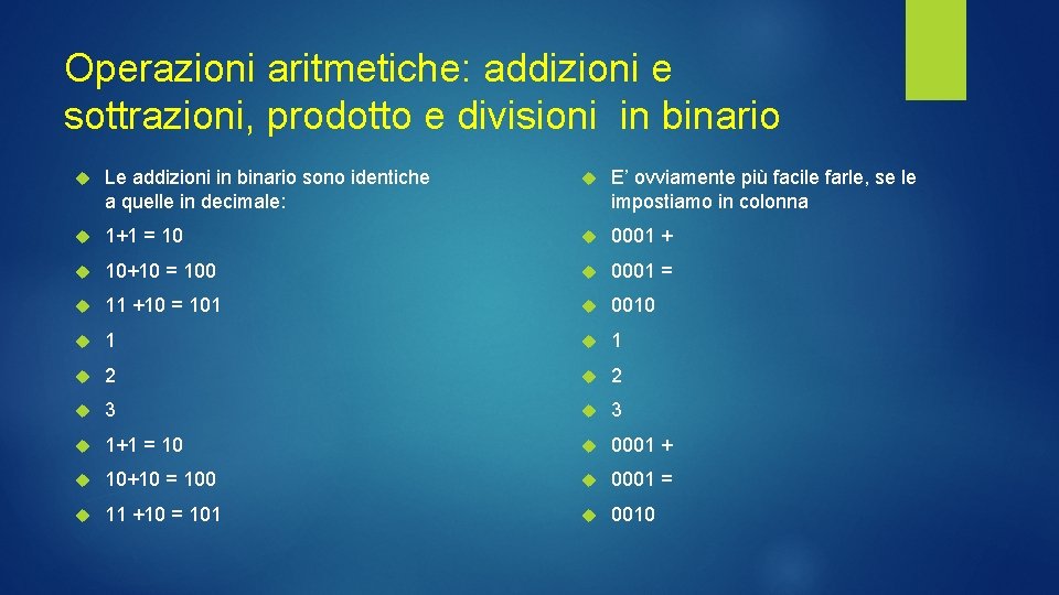 Operazioni aritmetiche: addizioni e sottrazioni, prodotto e divisioni in binario Le addizioni in binario