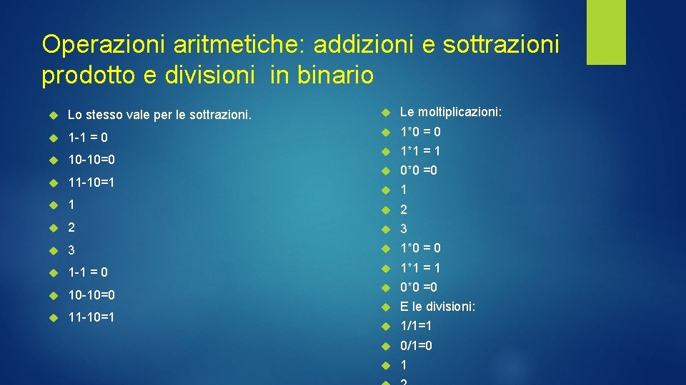 Operazioni aritmetiche: addizioni e sottrazioni prodotto e divisioni in binario Lo stesso vale per