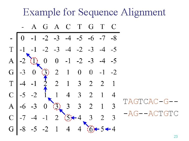 Example for Sequence Alignment TAGTCAC-G--ACTGTC 23 