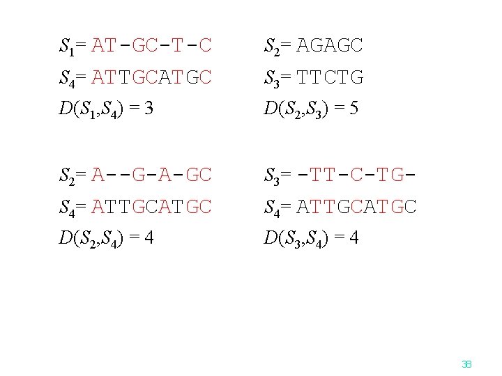 S 1= AT-GC-T-C S 2= AGAGC S 4= ATTGCATGC S 3= TTCTG D(S 1,