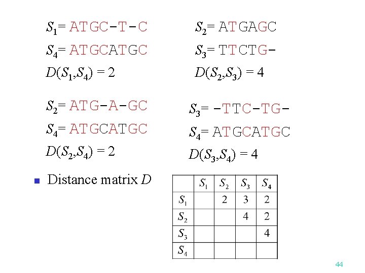 n S 1= ATGC-T-C S 2= ATGAGC S 4= ATGC S 3= TTCTG- D(S