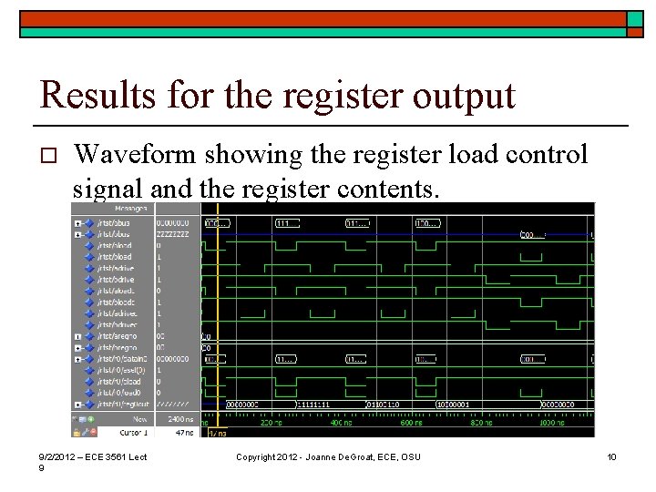 Results for the register output o Waveform showing the register load control signal and