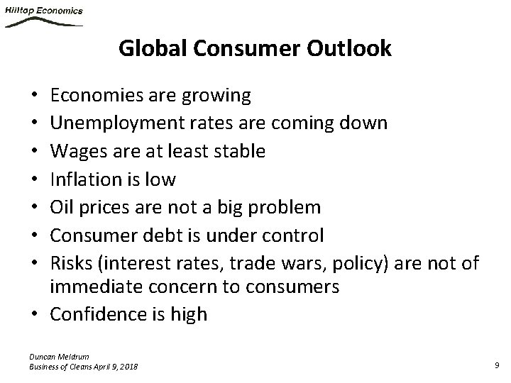 Global Consumer Outlook Economies are growing Unemployment rates are coming down Wages are at